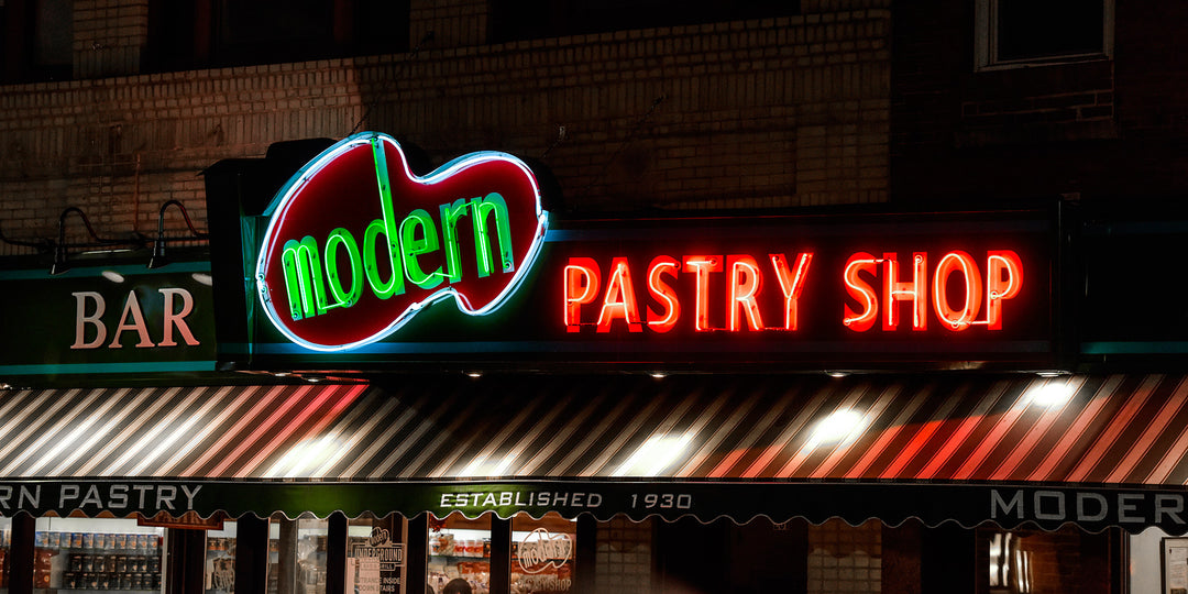 modern pastry neon sign at night