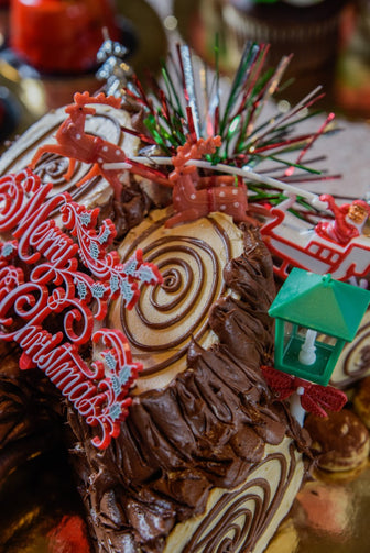 Close Up of Decoration on Modern Pastry Yule Log